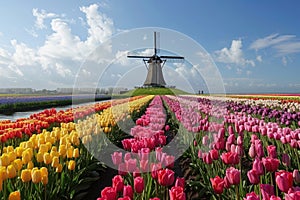 dutch windmill over tulips field