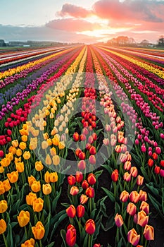 dutch windmill over tulips field