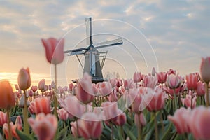 dutch windmill over tulips field