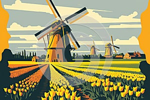 Dutch windmill overlooking a field of vibrant yellow tulips, Holland