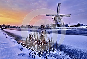 Dutch windmill in the snow of a holland winter