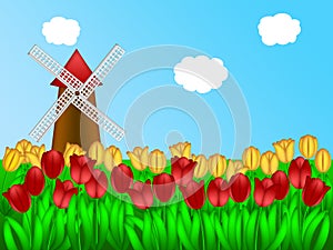 Dutch Windmill in Tulips Field Farm Illustration