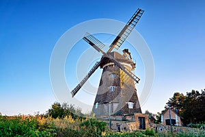 Dutch windmill under blue sky, in Benz on Usedom island. Germany