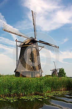 Dutch windmills in countryside