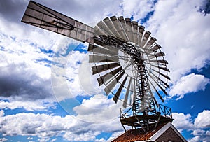 Dutch windmills with dramatic cloudy sky