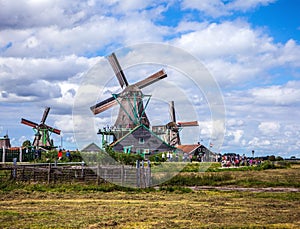 Dutch windmills with dramatic cloudy sky