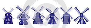 Dutch Windmills illustrations in delft blue colors