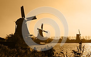 Dutch windmills silhouettes