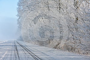 Dutch winter landscape with countryroad and trees covered with hoarfrost
