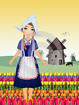 Dutch woman in tulip field