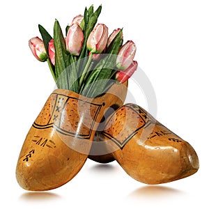 Dutch wooden clogs and tulips isolated on white background
