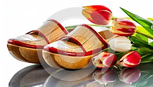 Dutch Wooden Clogs and Tulips Isolated on White Background - Generative Ai
