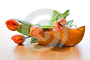 Dutch wooden shoe and orange tulips photo