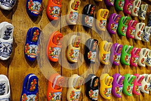 Dutch wooden shoes display on the wall