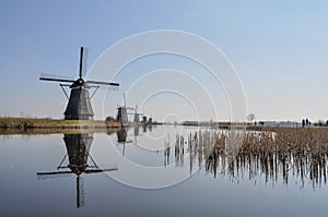 Duth windmills with reflection in the water with blue sky and re