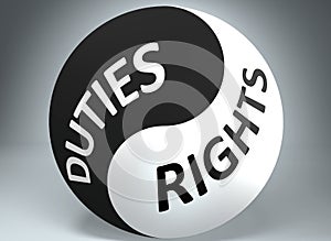 Duties and rights in balance - pictured as words Duties, rights and yin yang symbol, to show harmony between Duties and rights, 3d