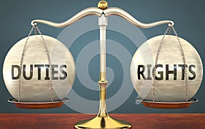 Duties and rights staying in balance - pictured as a metal scale with weights and labels duties and rights to symbolize balance