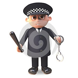 On duty 3d cartoon police officer in uniform brandishing handcuffs and truncheon, 3d illustration