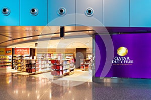 DOHA, QATAR - APR7, 2018: Duty free shop inside Hamad International Airport on April 7,2018 in Doha,Qatar. It is the hub for