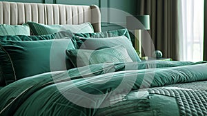 A duvet cover in a stunning shade of emerald green evoking feelings of opulence and refinement photo