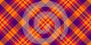 Duvet textile fabric plaid, bandana pattern texture seamless. Swatch check tartan vector background in purple and red colors