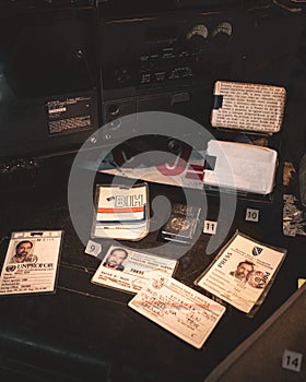 Duxford England May 2021 Exhibit of bosnian and serbian journalist identification papers from the yugoslav wars in the 90s
