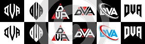 DVA letter logo design in six style. DVA polygon, circle, triangle, hexagon, flat and simple style with black and white color