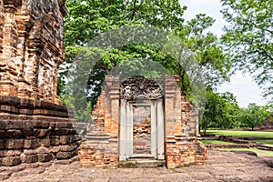 Dvaravati period carved stone lintels on door in Si Thep historical park Phetchabun Province, Thailand