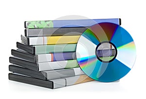 DVD, CD-ROM or Blu-Ray disc with stacked boxes for movies, audio or software on white