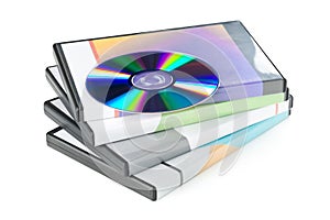 DVD, CD-ROM or Blu-Ray disc with stacked boxes for movies, audio or software on white