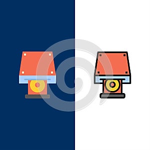 Dvd, CDROM, Data Storage, Disk, Rom  Icons. Flat and Line Filled Icon Set Vector Blue Background photo