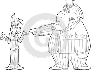 Outlined Democrat Donkey vs Republican Elephant Cartoon Characters