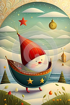 Dwarf. Christmas card. Surreal, abstract, bright and unusual card