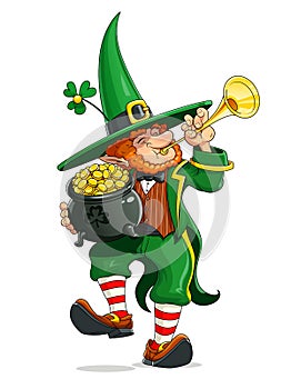 Dwarf with pot of golden coin. Saint Patricks day. Vector illustration.