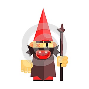 Dwarf in a red hat grimly grins. Fairy tale, fantastic, magical colorful character