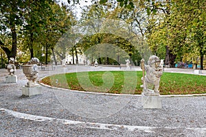 Dwarf statues in Dwarf Garden. Mirabellgarten or Mirabell garden is garden of Mirabell Palace in Salzburg. Austria