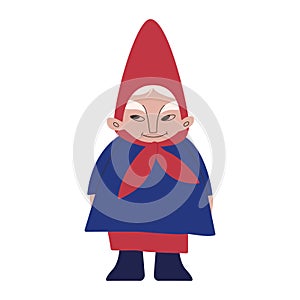 A dwarf woman in a pointed hat with ties, a blue jacket and a red skirt. Vector illustration for packaging, greeting