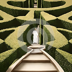 dwarfed by a towering 3D hedge maze environment which inspired by the works or designs of Escher.