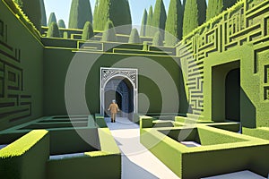 dwarfed by a towering 3D hedge maze environment which inspired by the works or designs of Escher.