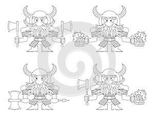 Dwarfs with beer mugs and axes, outline