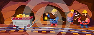 Dwarfs mining gold ore in an old cave. Fantasy game vector background