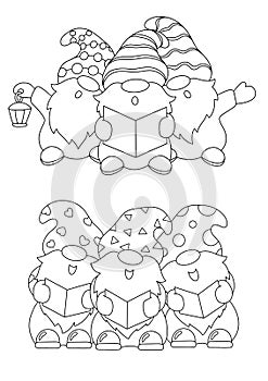 The dwarfs are singing Christmas carols. Coloring book page for kids. Cartoon style character. Vector illustration isolated on