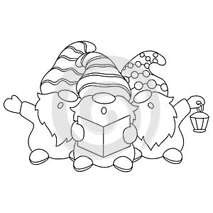 The dwarfs are singing Christmas carols. Coloring book page for kids. Cartoon style character. Vector illustration isolated on