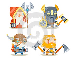 Dwarfs Warrior Defender Rune Mage Priest Berserker Engineer Inventor Worker Fantasy RPG Game Character Vector Icons Set