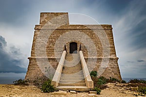 Dwejra bay Tower or watchtower. Qawra. Lascaris towers. Long exp