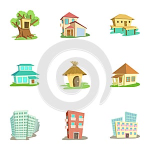 Dwelling icons set, cartoon style