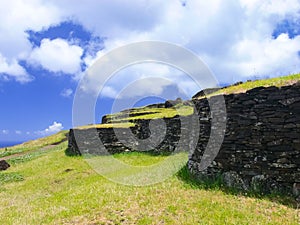 dwellings of ancient aboriginals on Easter Island. made of shelter stones and walls