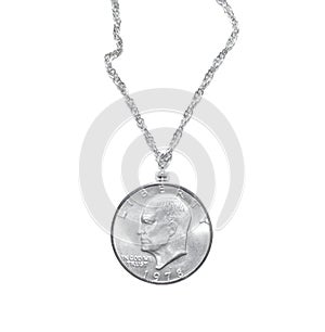 Dwight Eisenhower Silver Dollar D mint 1978 one dollar coin made into a necklace with silver chain, Front obverse view. last photo