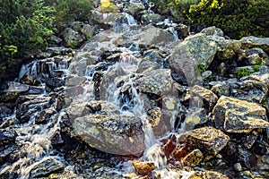 Dwoista Siklawa - Dual waterfall - split cascade waterfall at the Mnichowy Potok creek seen from the shore of Morskie Oko lake,