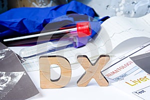 DX Acronym or abbreviation of medical diagnosis - process of determining type of disease on basis of complaints and symptoms. Lett